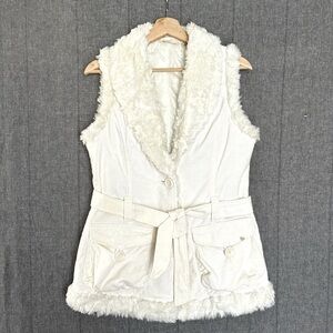 DKNY Jeans 100% Cotton Ivory Corduroy Faux Fur Collar/Lining Tie Belt Long Vest